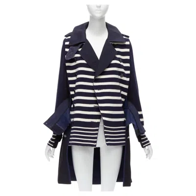 Pre-owned Sacai Deconstructed Nautical Stripe Detached Corset Belt Flare Coat Jp3 L In Black