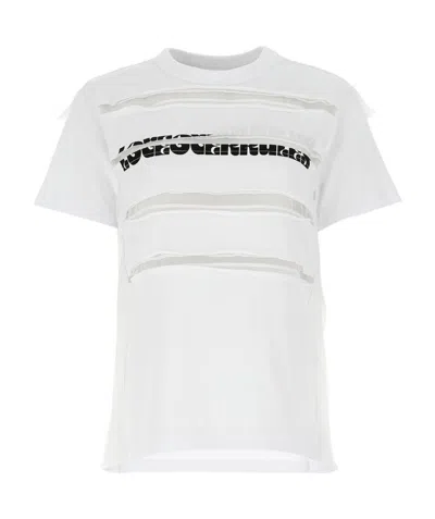 Sacai Deconstructed Slogan-print Cotton T-shirt In White