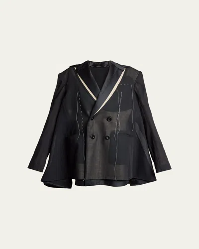 Sacai Deconstructed Wool Organza Double-breasted Jacket In Black