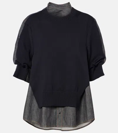 Sacai Denim And Cotton-blend Sweater In Blau