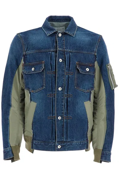 Sacai Denim And Nylon Jacket For Men In Blue