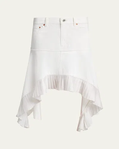 Sacai Denim And Pleated Silk Handkerchief Skirt In White