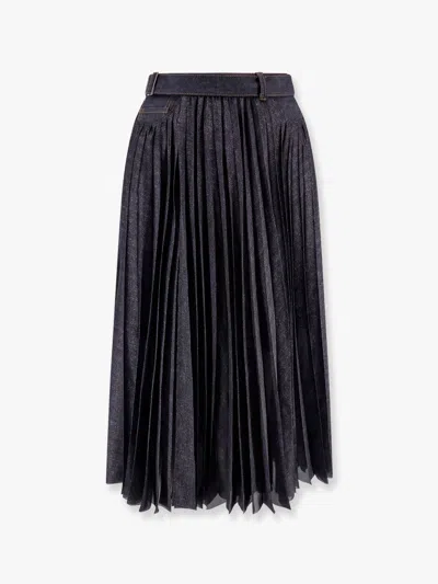 Sacai Pleated High-waist Skirt With Textured Finish In Blue