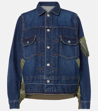 Sacai Womens Blue Khaki Bomber Shell-insert Relaxed-fit Denim Jacket