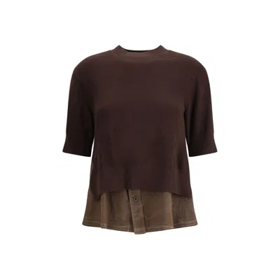 Sacai Denim Detail Sweater In Brown