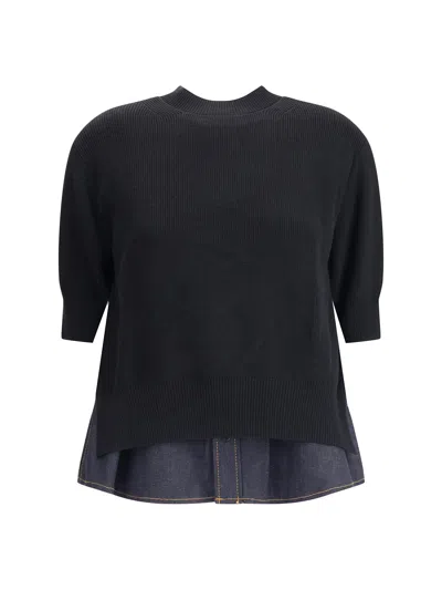 Sacai X Women's Nylon Twill X Knit Short-sleeve Pullover In Black