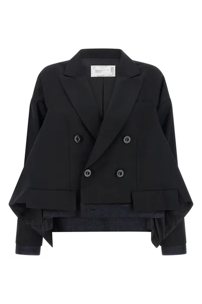 Sacai Denim Insert Blazer In Black