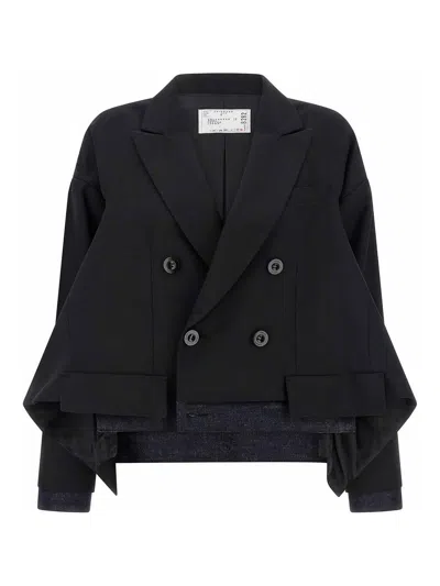 Sacai Denim Insert Blazer In Black