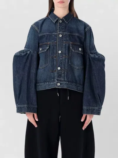 Sacai Denim Jacket Long Sleeves Collared Neck Pockets In Blue