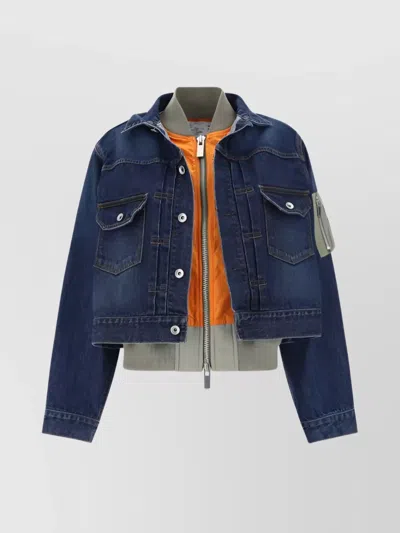 Sacai Denim Jacket With Double Layer Pattern In Blue