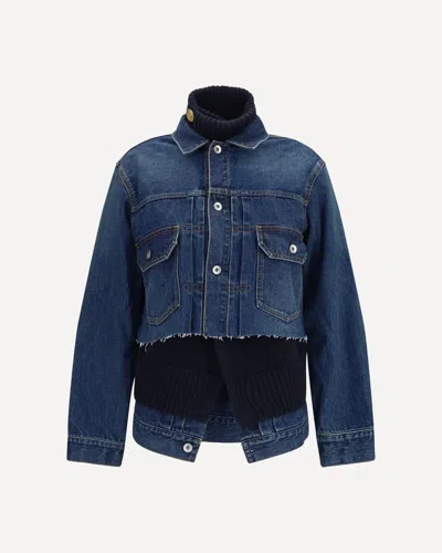 Sacai Denim Jacket With Wool Knit Layer In Blue