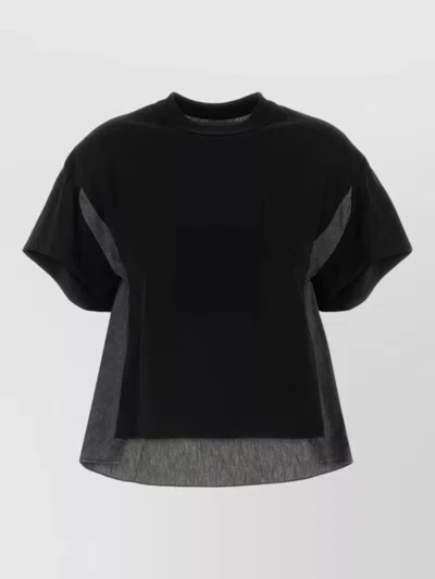 Sacai Denim Jersey Patch Pocket Crew Neck T-shirt In Black
