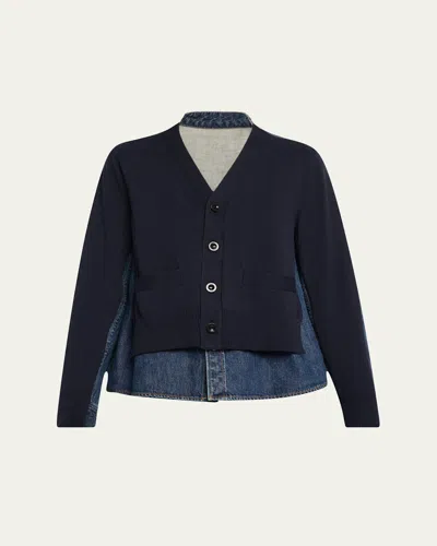 Sacai Denim Knit Cardigan In Blue