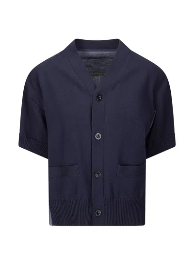 Sacai Denim Knit Cardigan In Blue