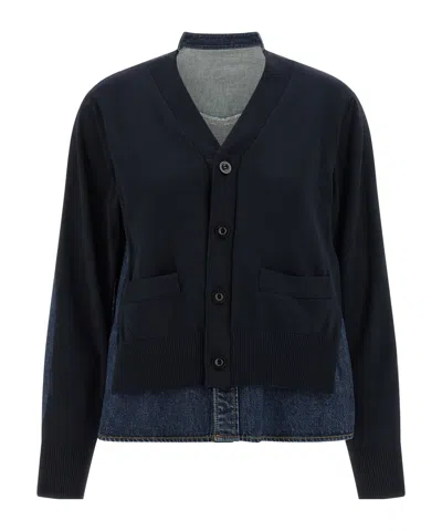Sacai Denim Knit Cardigan In Blue