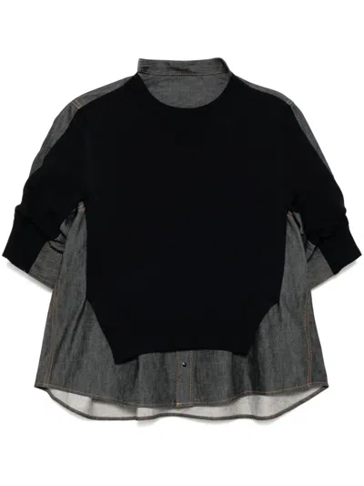 Sacai Denim Mix Knit Pullover In Black