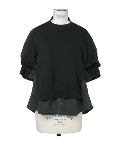 Sacai Denim Mix Knit Pullover In Black