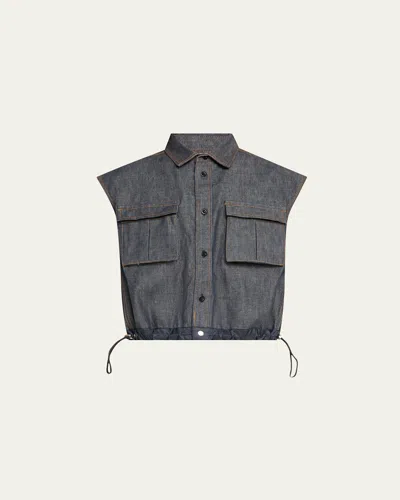 Sacai Denim Mix Pleated Back Drawcord Shirt In Indigo