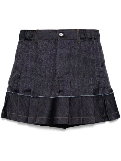 Sacai Denim Box Pleat Shorts In Indigo In Gray