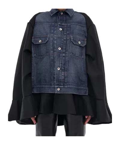 Sacai Denim-panel Cape In Black