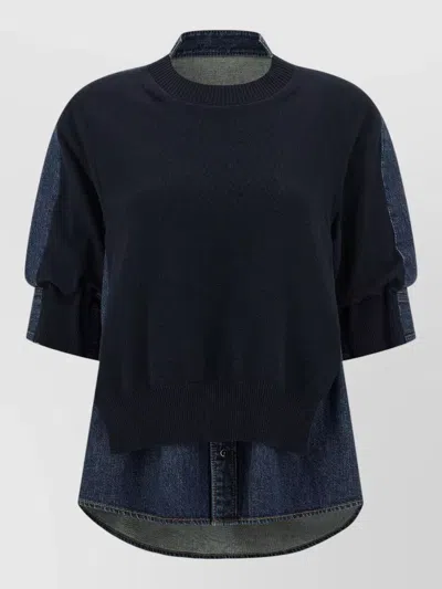 Sacai Denim Panelled Short-sleeve Sweatshirt In Blue