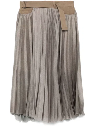 Sacai Denim-panels Midi Skirt In Brown
