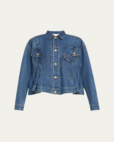 Sacai Denim Pleated Trucker Jacket In Blue
