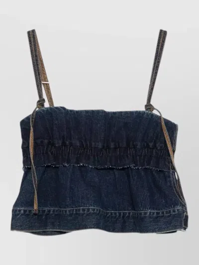 Sacai Denim Pullover Top Adjustable Straps Ruffles In Blue
