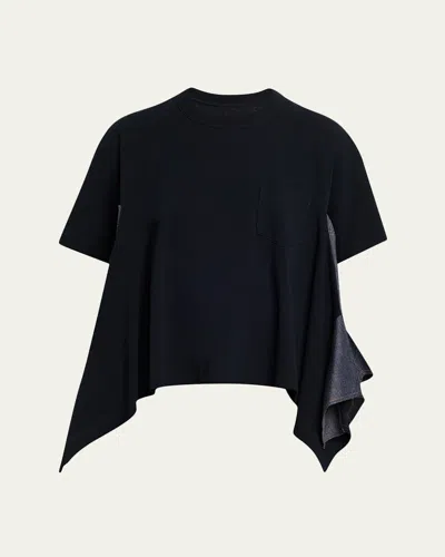 Sacai Denim Side-panel Short-sleeve Cotton Jersey T-shirt In Black