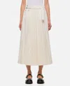 Sacai Belted Denim-trimmed Pleated Satin Midi Wrap Skirt In White