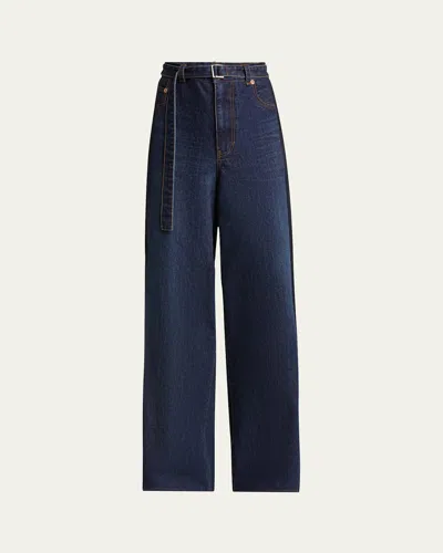 Sacai Denim Suiting Wide Leg Belted Pants In Blue