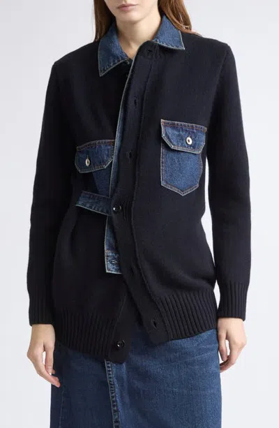 Sacai Denim Trim Wool Blend Cardigan With Bib Inset In Blue