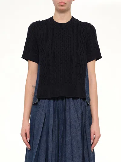 Sacai Denim X Cotton Knit Sweater In Navy