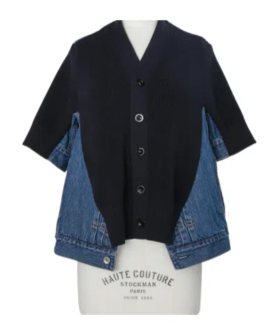Sacai Denim X Knit Cardigan In Blue