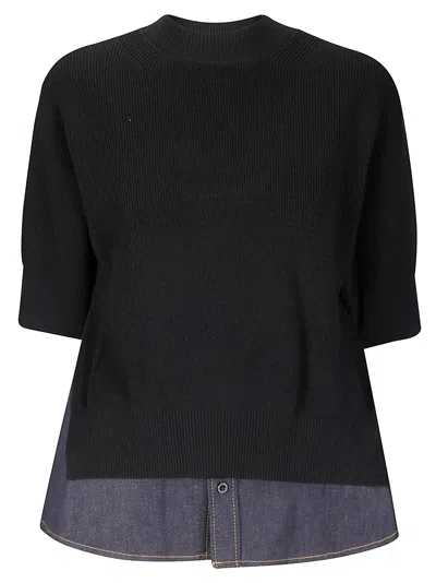 Sacai X Women's Nylon Twill X Knit Short-sleeve Pullover In Black