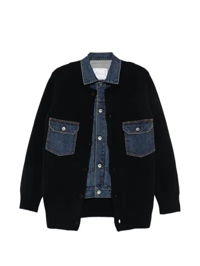 Sacai Denim-panelled Button-up Jacket In Black