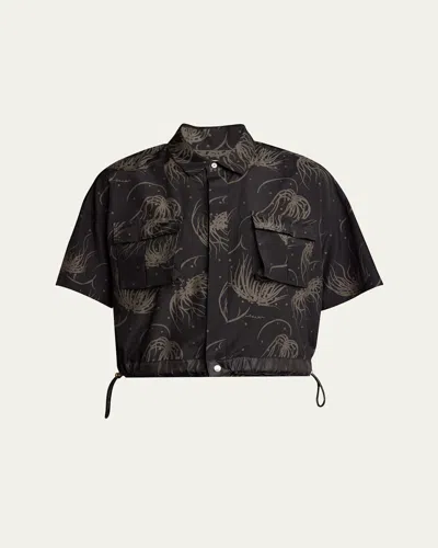 Sacai Dot Flower Print Drawstring Blouse In Black