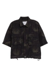 Sacai Dot Flower Print Drawstring Hem Crop Shirt In Black