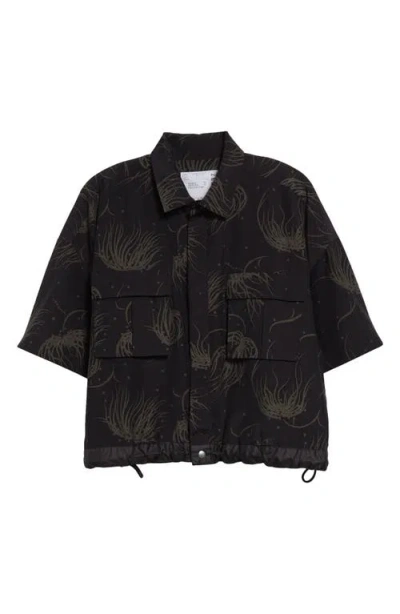 Sacai Dot Flower Print Drawstring Hem Crop Shirt In Black