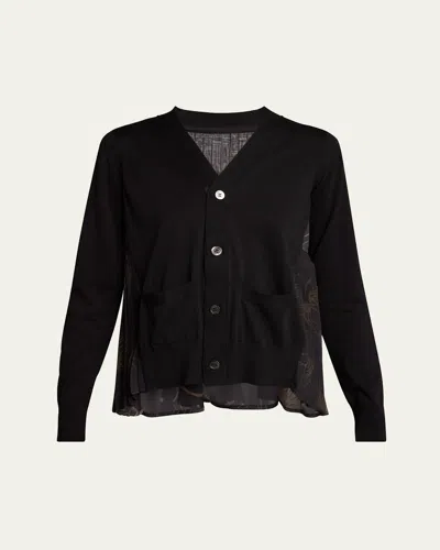 Sacai Dot Flower Print Pleated Back Cardigan In Black