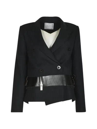Sacai Double-breasted Belted Blazer In Black