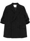 Sacai Double-breasted Black Pinstripe Coat With Contrasting Sleeves In Black