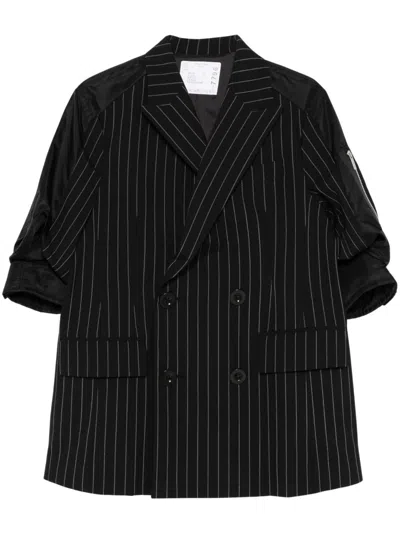 Sacai Double-breasted Black Pinstripe Coat With Contrasting Sleeves