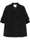 Sacai Double-breasted Black Pinstripe Coat With Contrasting Sleeves In Black
