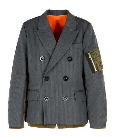 Sacai Wool Blend Double Breasted Jacket In Gray