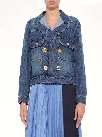 Sacai Double Breasted Denim Jacket In Blue