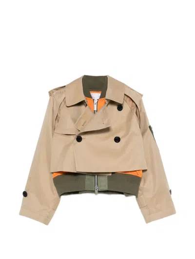 Sacai Double-breasted Gabardine Jacket In Brown