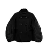 Sacai Puff Nylon-sleeve Cropped Wool Pea Coat