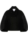 Sacai Puff Nylon-sleeve Cropped Wool Pea Coat In Black