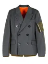 Sacai Wool And Twill Double-breasted Blazer In Gray